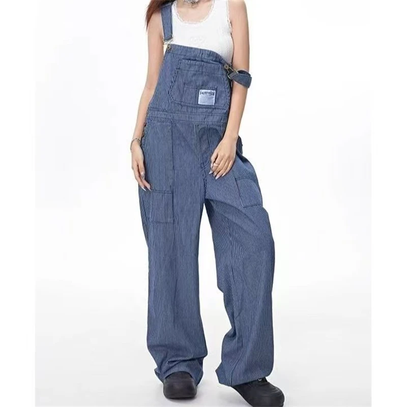 Women's Blue Vertical Stripe Design Suspender Jumpsuits Fashion Wide Leg Pants Streetwear Rompers Female Casual Straight Trouser