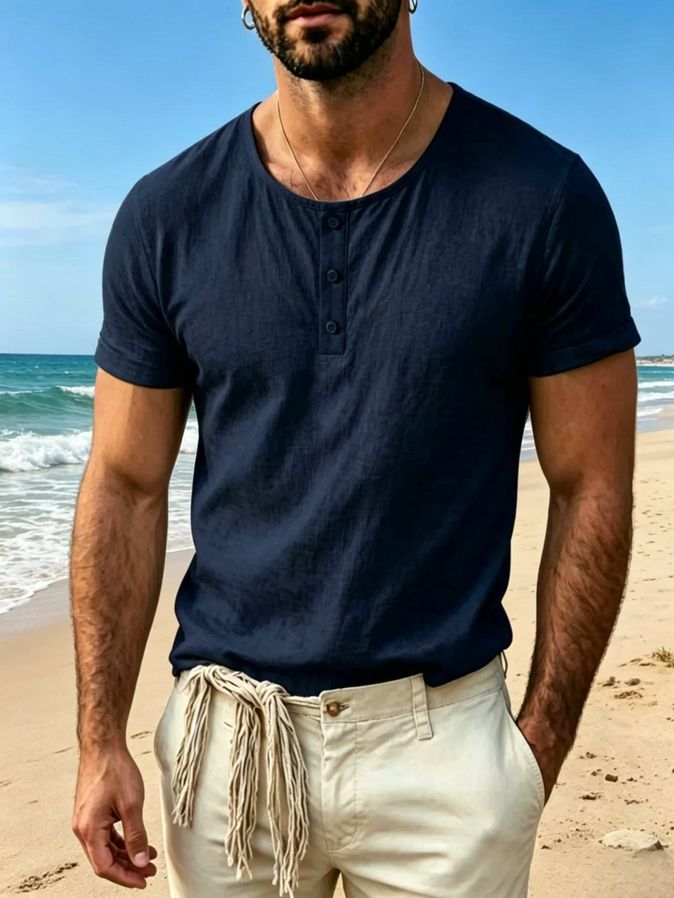 Herren Henley-Shirt mit Kurzarm, Leichtes Atmungsaktives Baumwoll-Leinen-Gemisch, Lässiges Strand- und Sommer-Oberteil