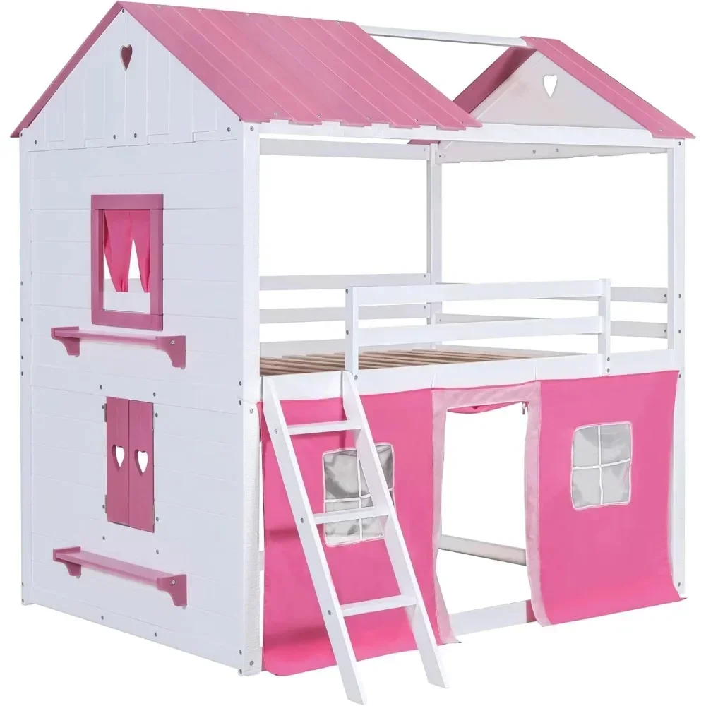 Lit superposé en bois avec tente pour enfants, lits superposés jumeaux, lit loft avec échelles, garde-corps, fenêtres et toit