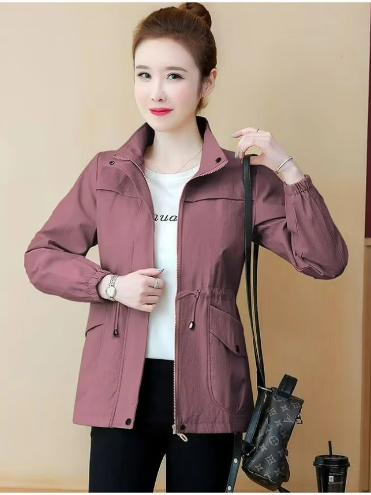 2026 Double Layer Women Plus Size Spring Autumn Korean Plus Size Lining Windbreaker Drawstring Waist Stand Collar Jacket