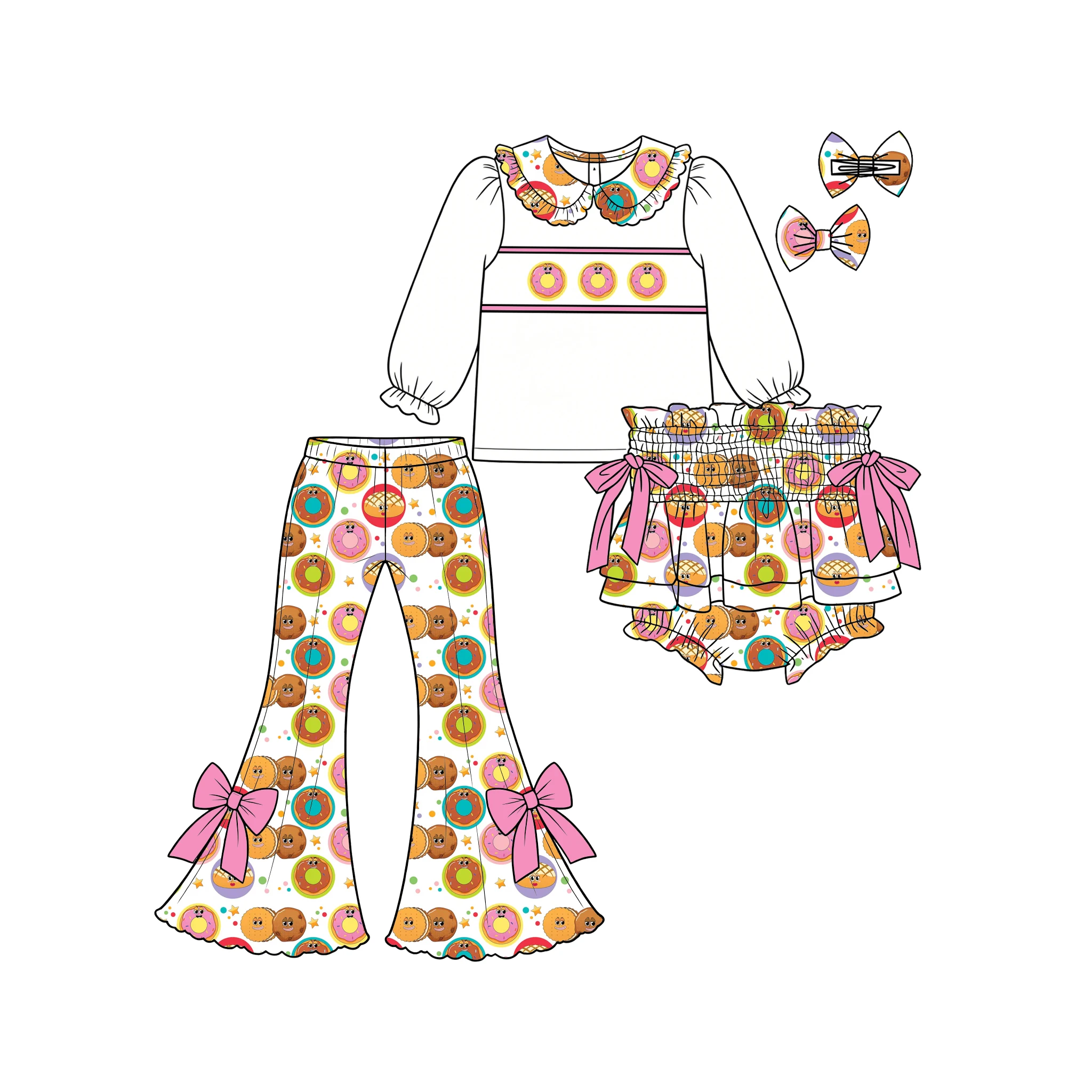 Custom Toddler Girls Strawberry Bow Donut Jam Pant Outifts Long Sleeve Top Flare Pants Bloomers Christmas Bear 3Pcs Set image 3