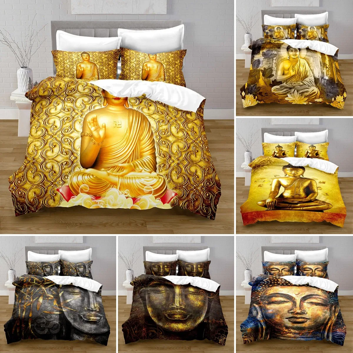 

Asian Religions Culture Gold Buddha Duvet Cover Set. Buddhist Themed, Ideal for Buddhist Believers. 3 - Piece Set