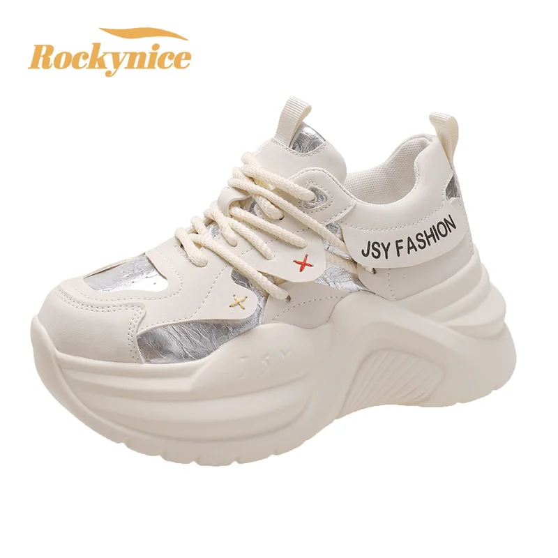 

Women Leather Chunky Sneakers 8CM Platform Breathable Casual Walking Shoes New Autumn Winter Wedge Heels Sports Dad Shoes Woman