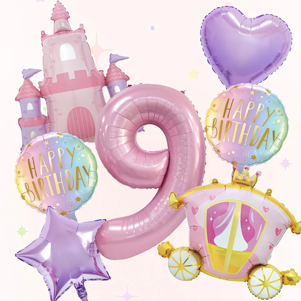 7-teiliges Prinzessinnen-Themen-Set mit Schloss und Kutsche, Aluminiumfolienballons für Geburtstagspartys und Babypartys, Luftballons und Dekorationszubehör – Detail 11
