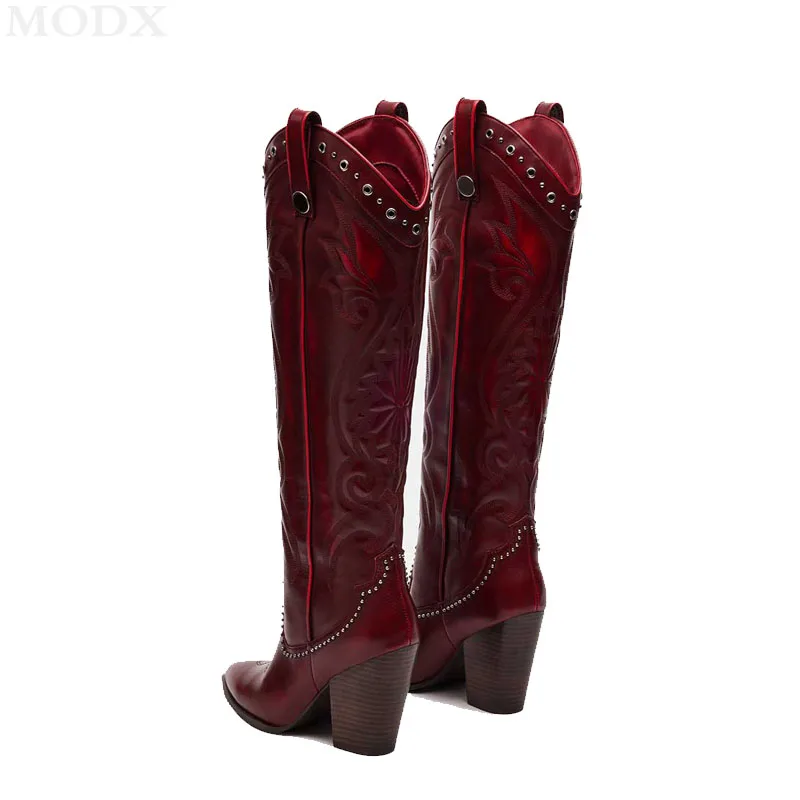 Red Pointed Toe Chunky Heel rivets Knee High Boots Studded Stitching Embroidery Western Cowgirl Boots Fashion Vintage Shoes Lady