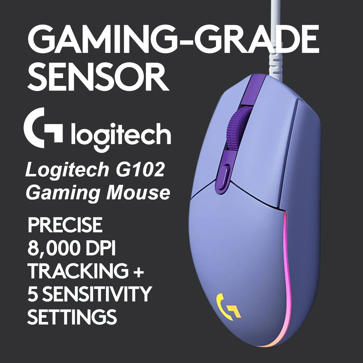 Logitech G102 LIGHTSYNC Wired Gaming Mouse 8000 DPI RGB Backlit 6 Programmable Buttons Ergonomic 85g for PC Mac