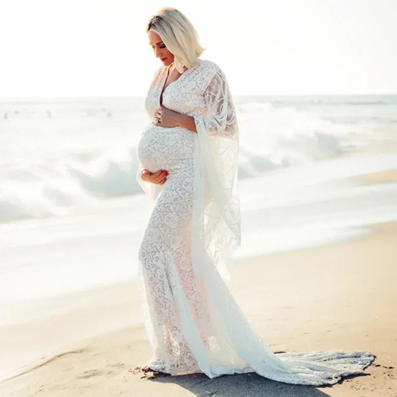 Flare Sleeve Lace Pregnancy Dresses Photoshoots Pregnant Session Photos V  Neck Sexy Bodycon Floor Length White Maxi Long Dress - AliExpress