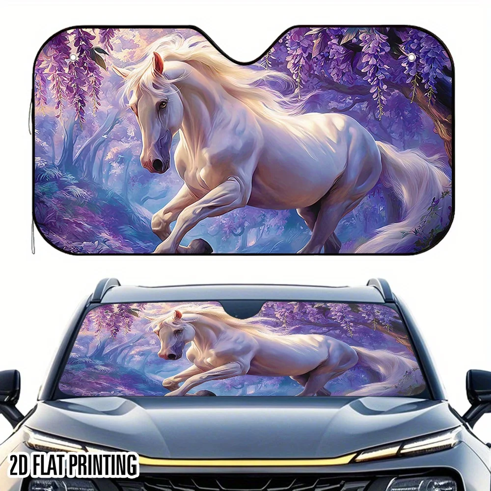1pc 2D Flat White Horse Wonderland Design Car Sunshade – Stylish & Efficient, Includes 4 Suction Cups, Foldable For Convenience,