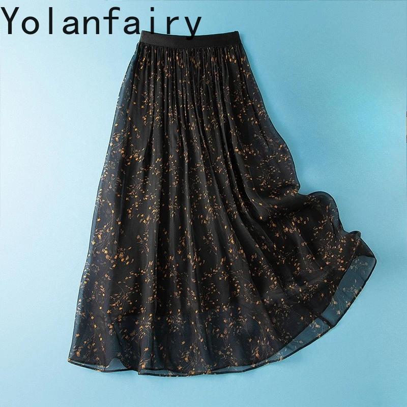 YOLANFAIRY 100%Real Mulberry Silk Skirts for Women Fashion Black Floral Skirt Woman Clothing Elegant High-waist Skirt Streetwear