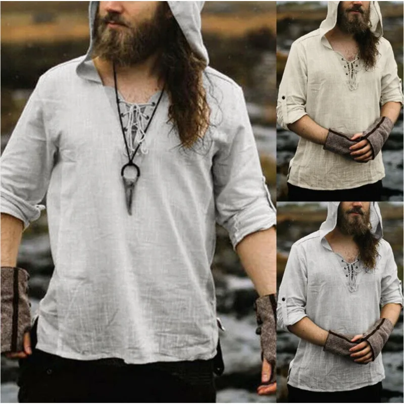 Man Retro Medieval Pirate Cosplay Shirt Vintage Casual Male Hooded Knight Linen Renaissance Nordic Tunic Bandage T-Shirt