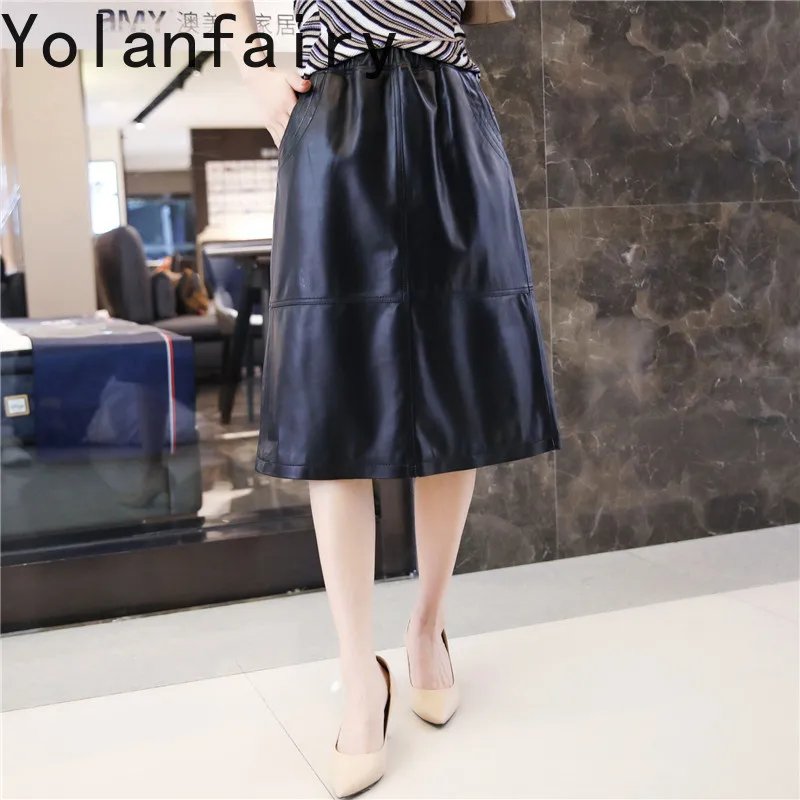 YOLANFAIRY Genuine Sheepskin Midi Skirts Woman 2026 Autumn Elastic High Waist Real Leather Skirt Women Korean A Line Black Skirt