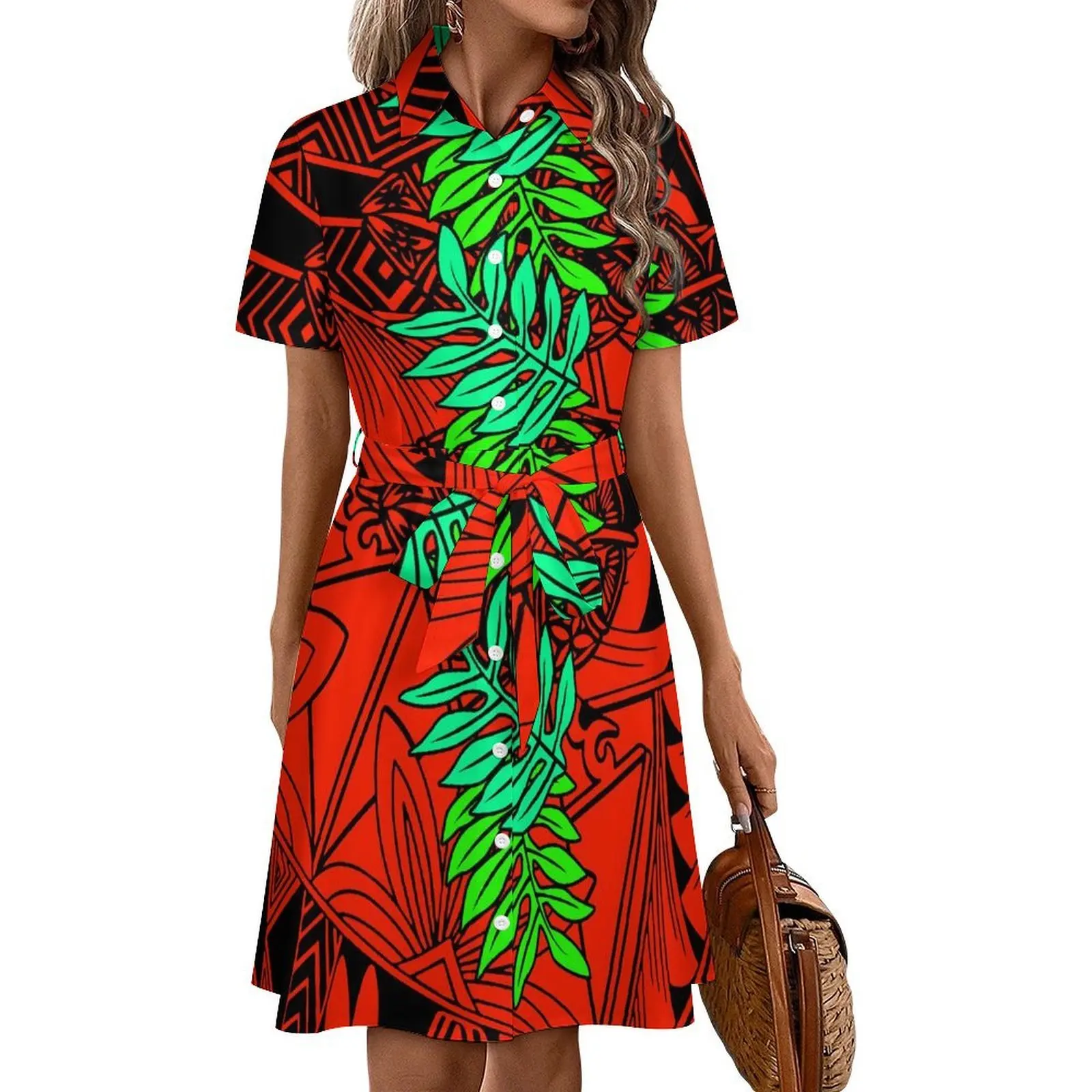 폴리네시안 여성 프린트 패턴 사모아 부족 스타일 하와이안 반팔 셔츠 드레스