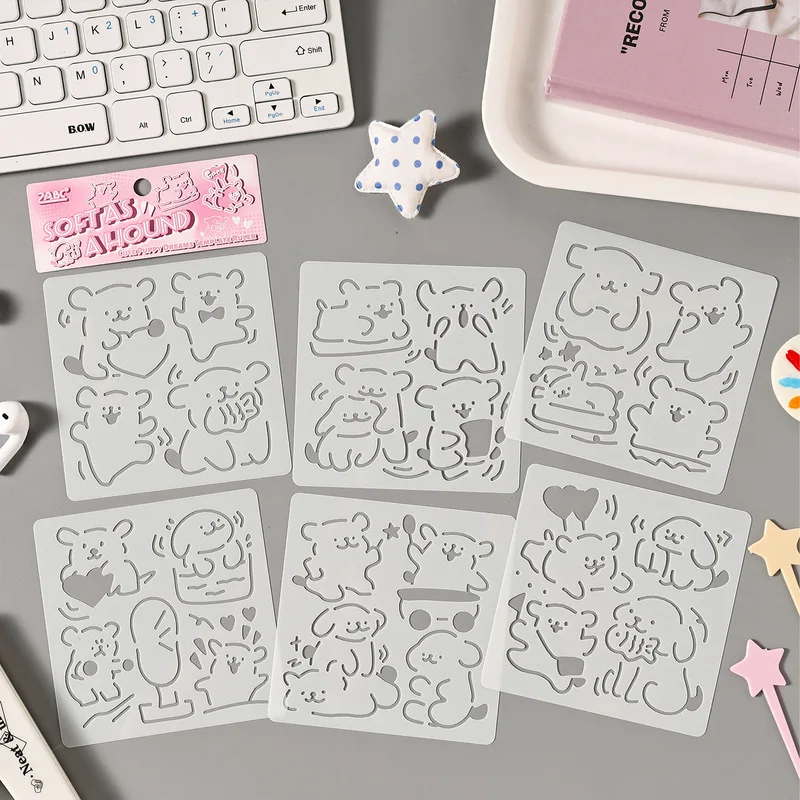 6Pcs Cute Animal PP Stencil Set, Hollow Puppy Pattern Drawing Template for Scrapbook Hand‑painting Supplies