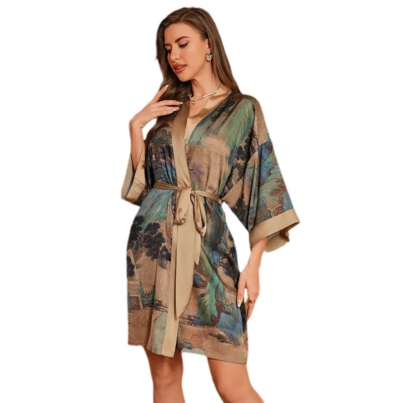 Floral Printing Robe Nightgown Female Sleepwear 2024 Ummer New Luxury Kimono Bathrobe Gown Sexy Casual Satin Home Wear Lingerie