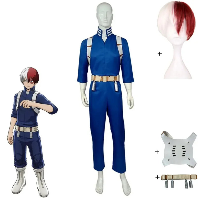 Todoroki Shoto تأثيري حلي أنيمي Boku No My Hero Academia ملابس الكبار هالوين كرنفال حفلة الأزرق بذلة شعر مستعار أحمر أبيض