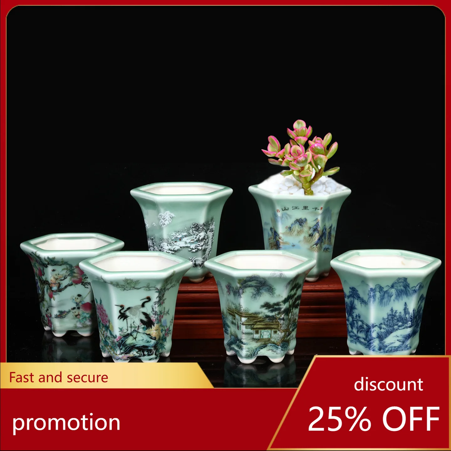 Hxl hexagonal ceramic hand-painted glazed succulent pot with purple clay accent