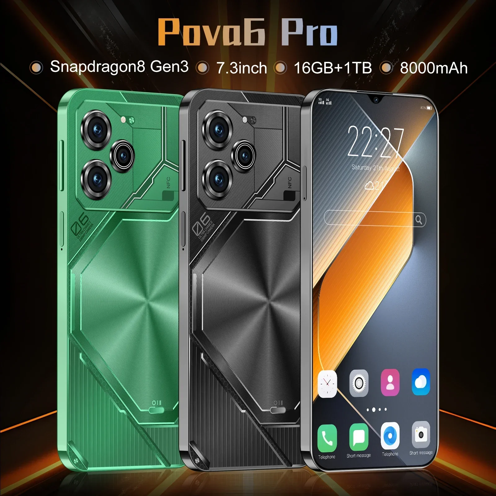 スマートフォン,Pova-6 pro,デュアルSIM,ロック解除,NFC, Android 14,5g,hd,7.3インチ,22g,2テラバイト,50 108メガピクセル,8000mah,オリジナル2022