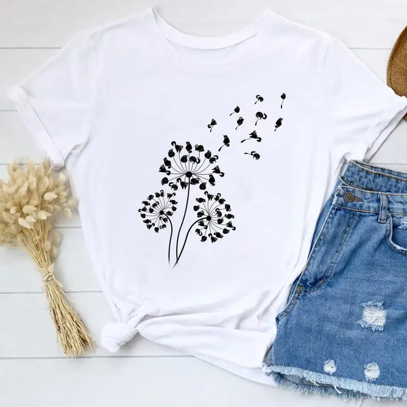 

Cats Flower Fly Dandelion Shirt Cute Cat Lover Lover Funny Cat Summer Cool Short Sleeve Top Tees O Neck 100% Cotton Fashion