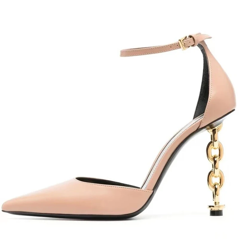 

Women Unique Metal Heels Sandals Dress Stiletto Party Ankle Buckle Office Lady Shoes Closed Pointy Toe High Slim Heels