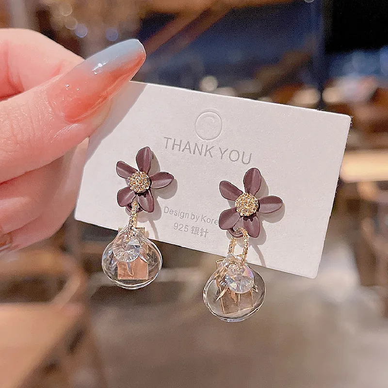 S925 Silver Needle South Korea New Crystal Flowers INS Tide Personality Design Sense Simple Fashion Earrings Women