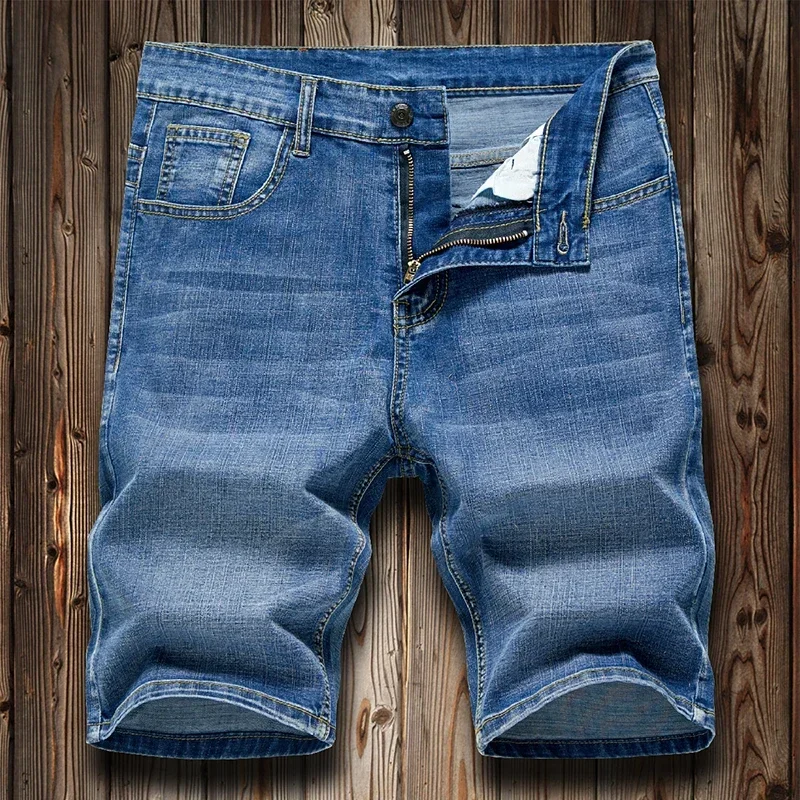 Męskie szorty jeansowe na lato 2026, elastyczne spodnie dżinsowe, ciemnoniebieskie, modne, slim fit, proste, krótkie dżinsy męskie, hombre. — zdjęcie 3