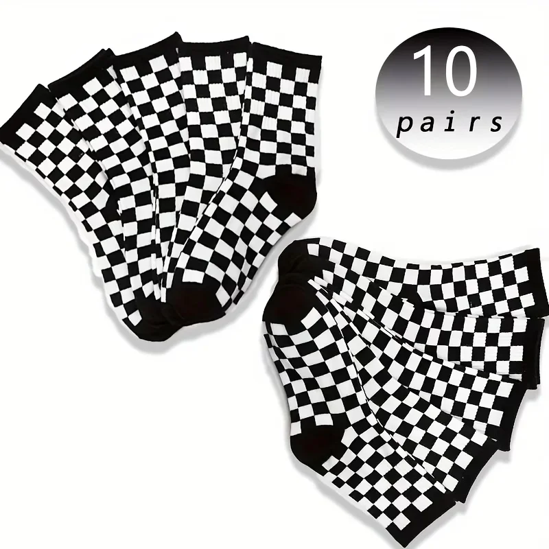 10 Pairs of Black and White Checkered Mid Tube Socks For Couples Classic Checkered Casual Harajuku Street Round Neck Socks