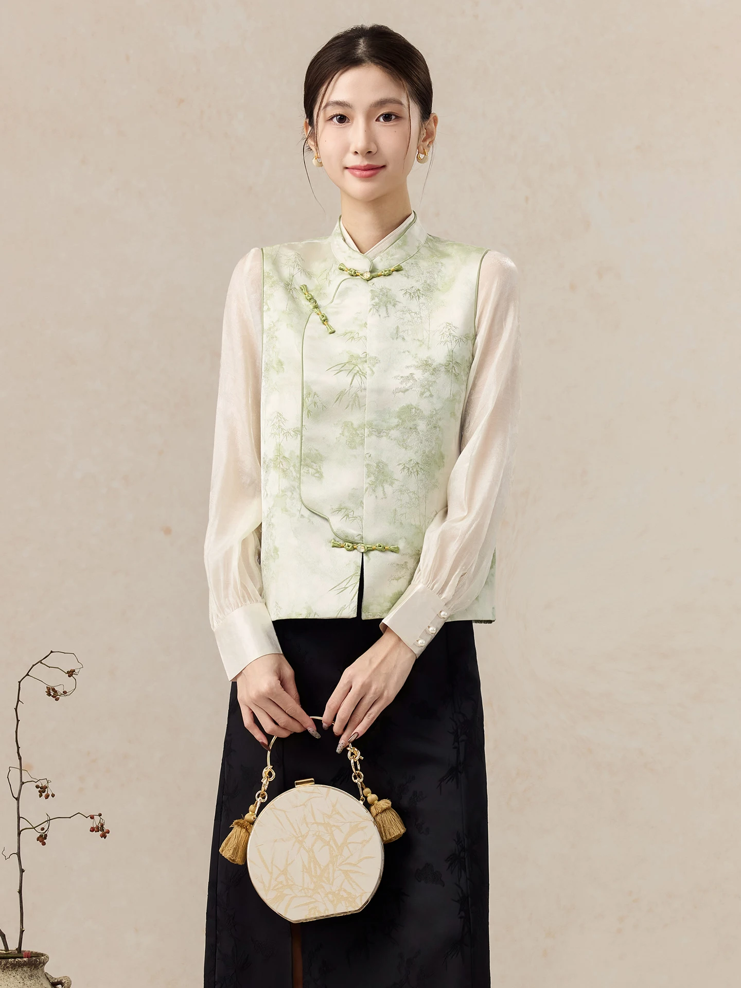 

Ele Silk Woven Gold Chinese Sle Vest Women's Faion Spring New High-End Feel Buttoned Layerable Top Outerwear