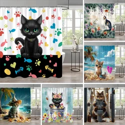 Funny Cat Children's Shower Curtain Colourful Cartoon Patterns Children's Room Curtains Bathroom Decor Accessories With Hooks