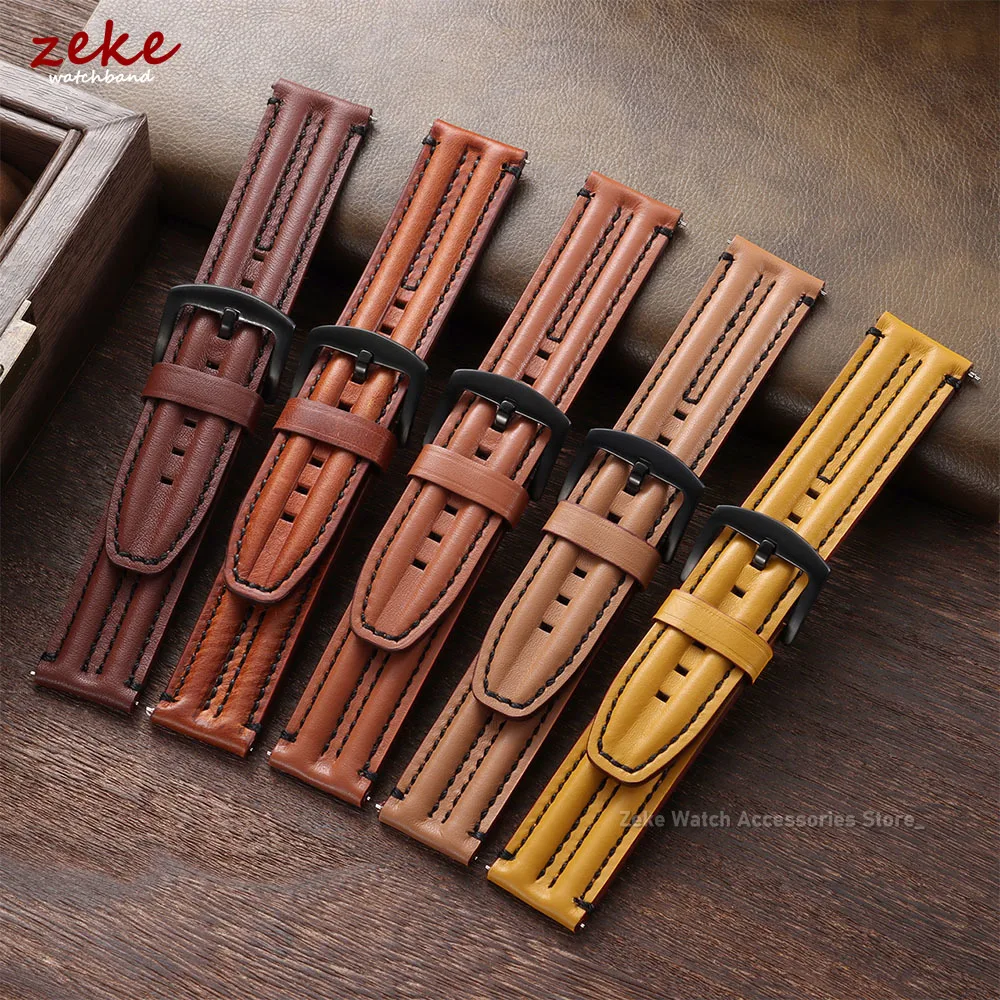 Retro Genuine Leather Watch Band Band for Seiko for Omega 20mm 22mm 24mm Cowhide Rugged Double Bone Straps Men Women Accessories
