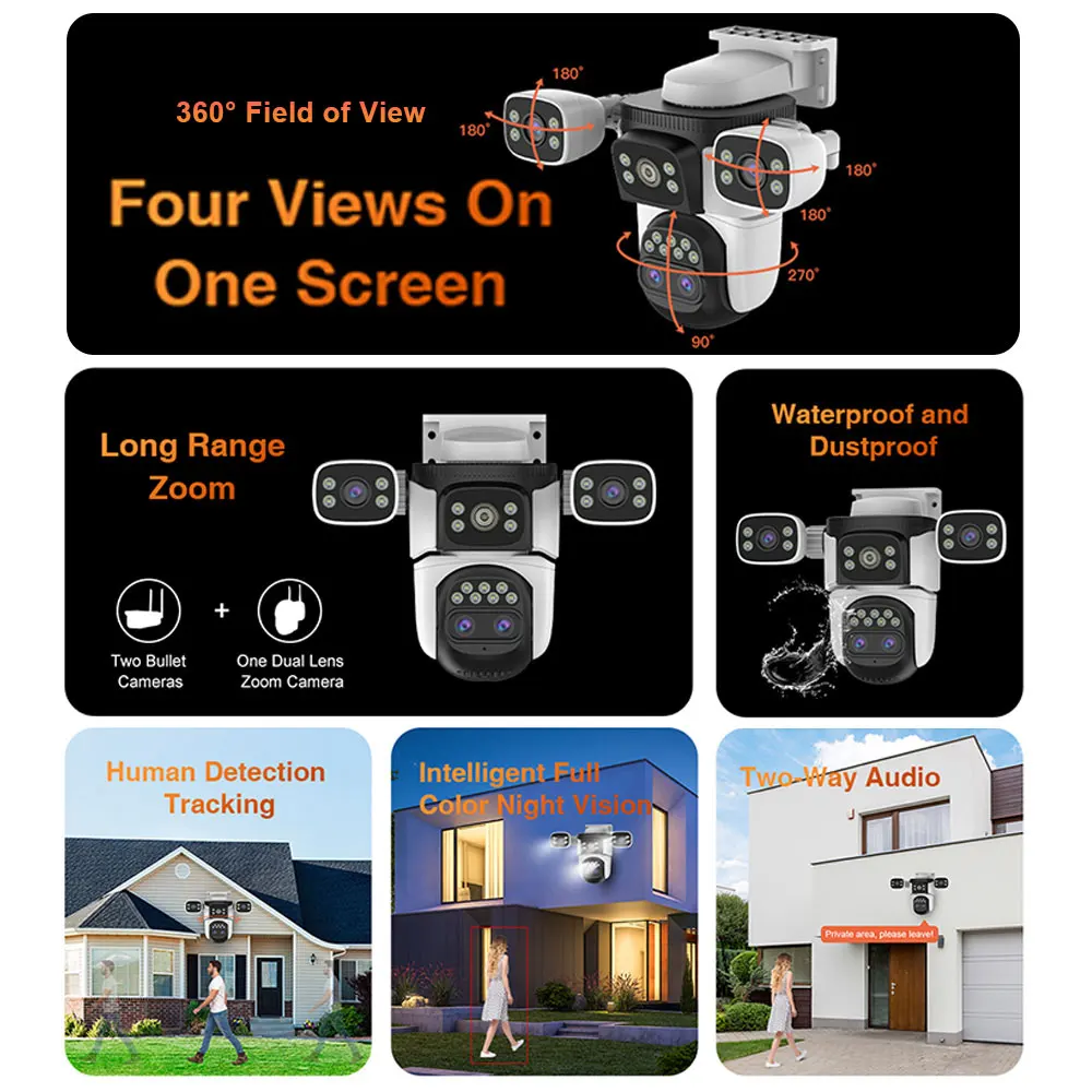 Vstarcam 4K 8MP 10X Zoom WIFI IP Camera 4 Lens 4-Screens Outdoor Smart Tracking PTZ Camera Video Surveillance Waterproof Camera