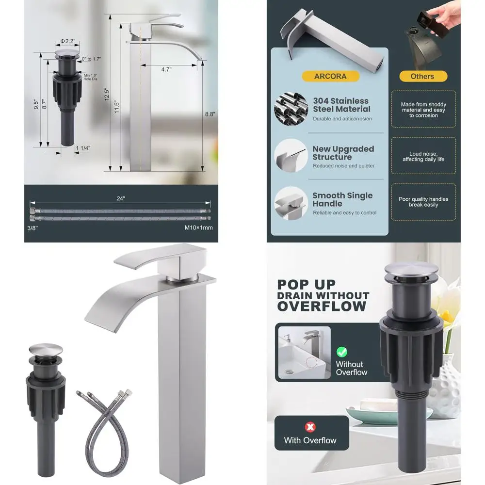 

Single Hole Brushed Nickel Tall Bathroom Faucet with Pop-Up Drain and Waterfall Spout, Includes cUPC Supply Lines