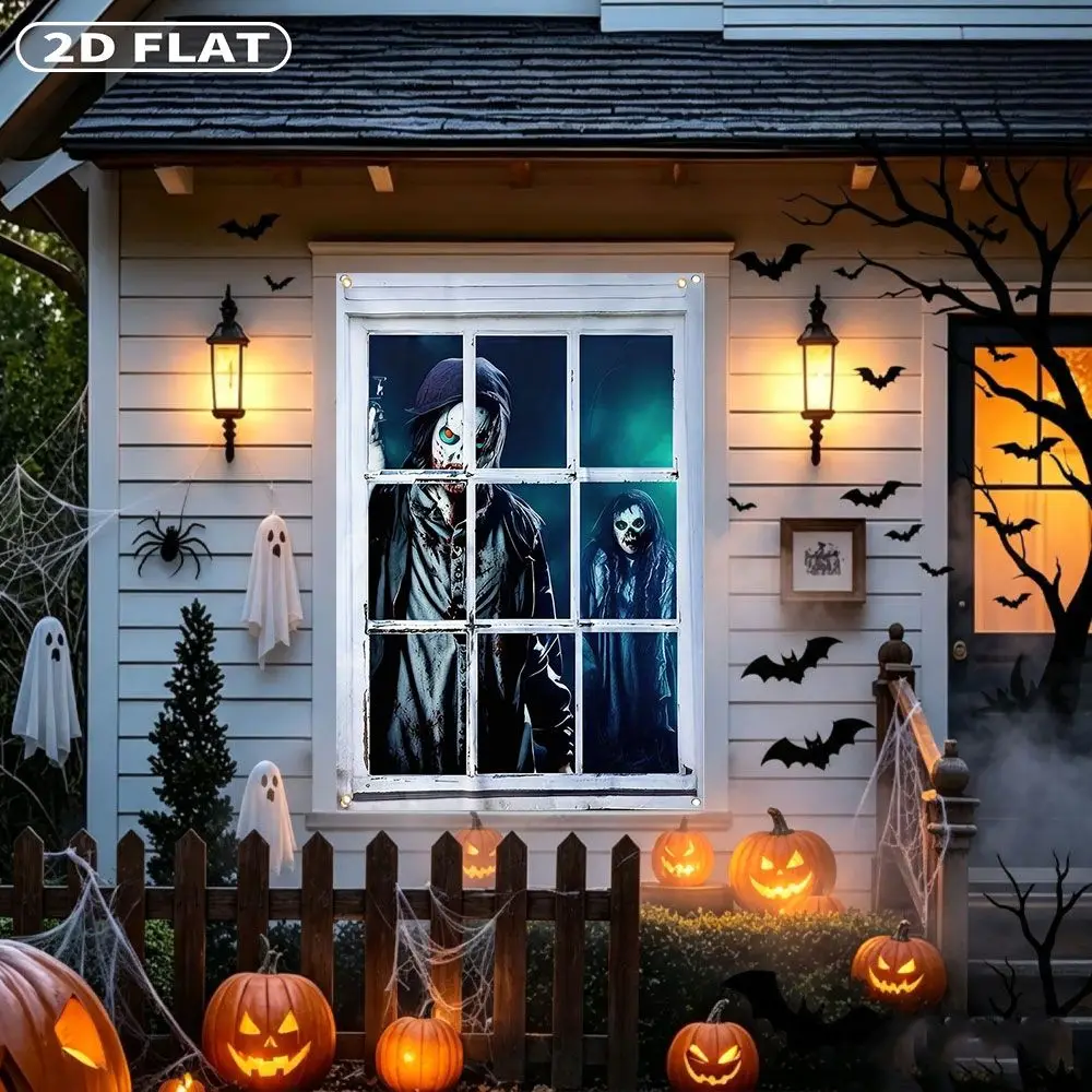 2D FLAT 1pc Party Banner, Halloween Window Cover with Scary Ghost Figures Behind Window Pane Print,122x88cm, Polyester