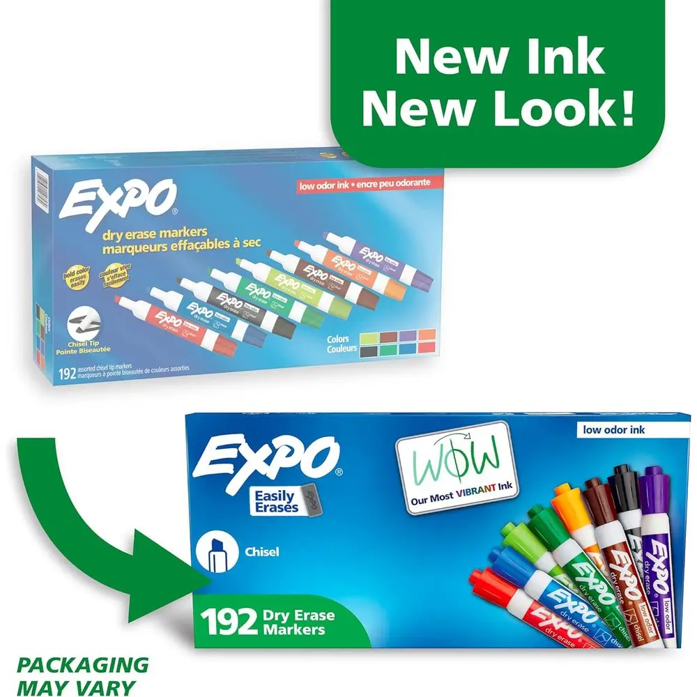 أقلام تحديد المسح الجاف ذات طرف إزميل، ألوان متنوعة، 192 عبوة - رائحة منخفضة، مثالية للسبورات البيضاء والتقويمات واللوازم المكتبية والمدرسية