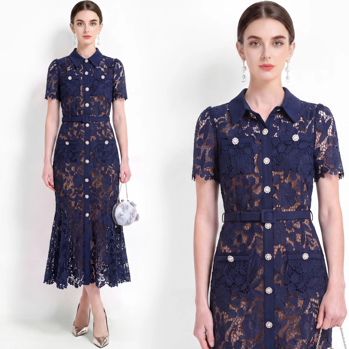 Elegant Lace Short Sleeve Dress with Waist Cinching And Fish Tail Inner Tank Top with Belt High Waist A-Line Skirt for Women