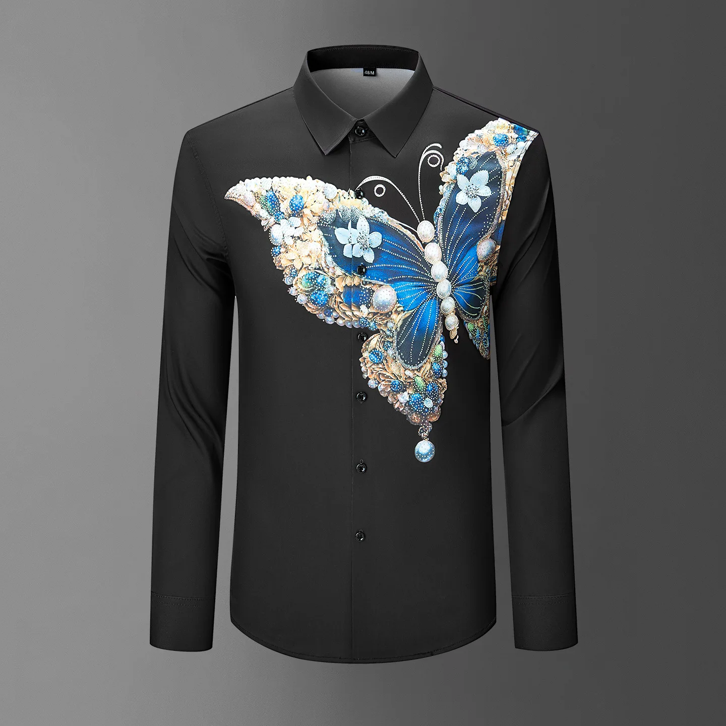Luxury Rhinestone Shirt for Men Printed High-quality 3D Butterfly Print Long Sleeved Casual Shirts Business Social Party Blouse