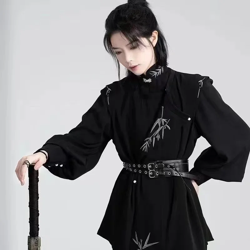 Han elemen gaya netral jubah pria wanita baru kostum Tang Cina Vintage Niche hitam gelap kemeja pasangan pakaian