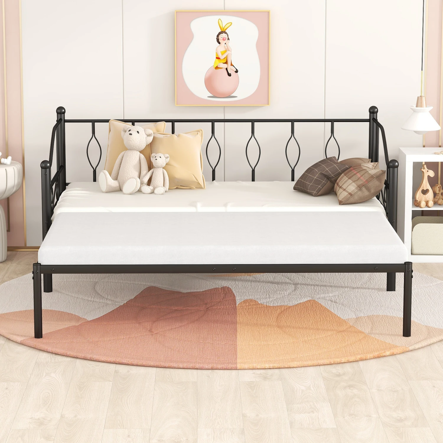 Twin Metal Daybed with Trundle, Slat Daybed - Black Color