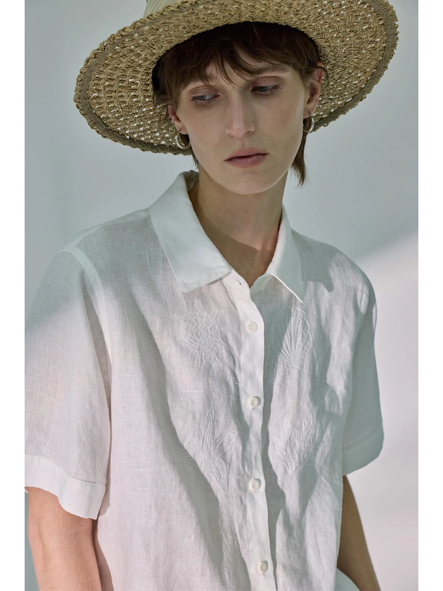 

Comfortable Breathable Full Linen Short Sleeve Shirt Women's Elegant Embroidered Collar Spring Summer Vintage Artistic Versat...