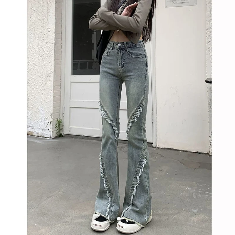 

Girls Straight Leg Raw Edges Flared Jeans Lady High Waist Slim Fit Thin Denim Pants Women Retro Fashion Leisure Trousers