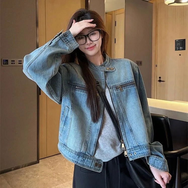 Early Autumn 2026 Layered Wear Loose Short Jacket Zipper Top Versatile American Retro Washed Stand Collar Denim Coat for Women