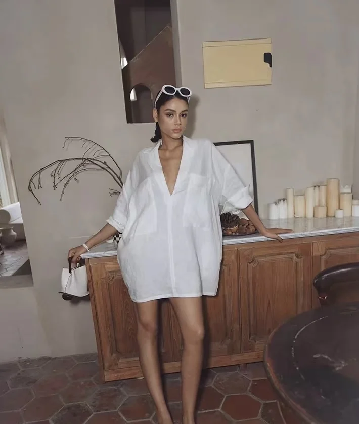 Frauen faulen Stil gekerbt voller Ärmel 100% Leinen Mini kleid