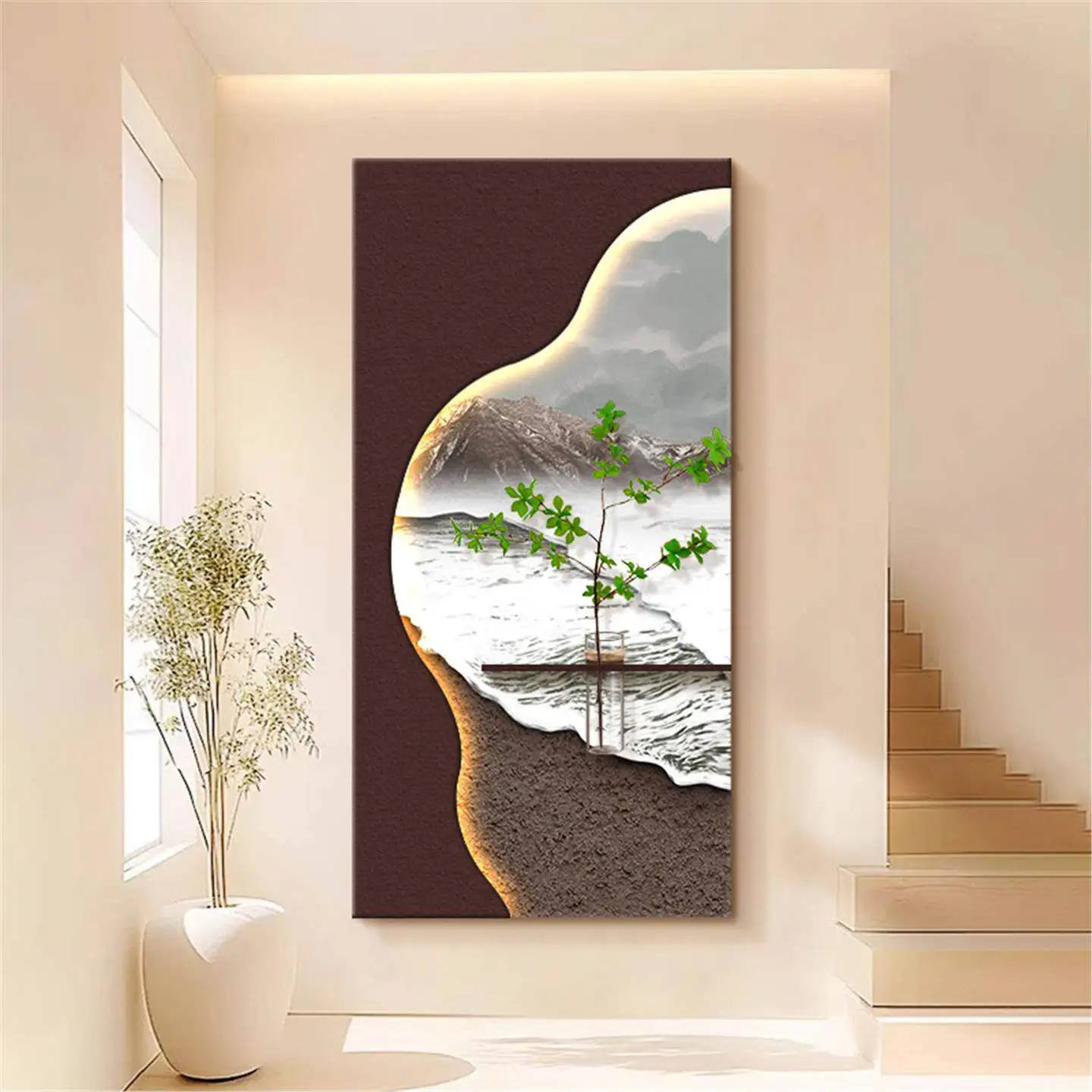 3D sandstone entrance decoration painting, sea scenery painting, LED wall lamp hanging painting