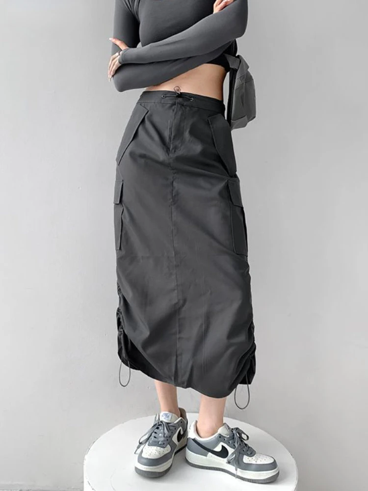 

Y2k Midi Skirts Women Cargo Hipster Harajuku Vintage Loose Hot Girls Fashion Ins Ulzzang Chic Streetwear Back-slit Drawstring