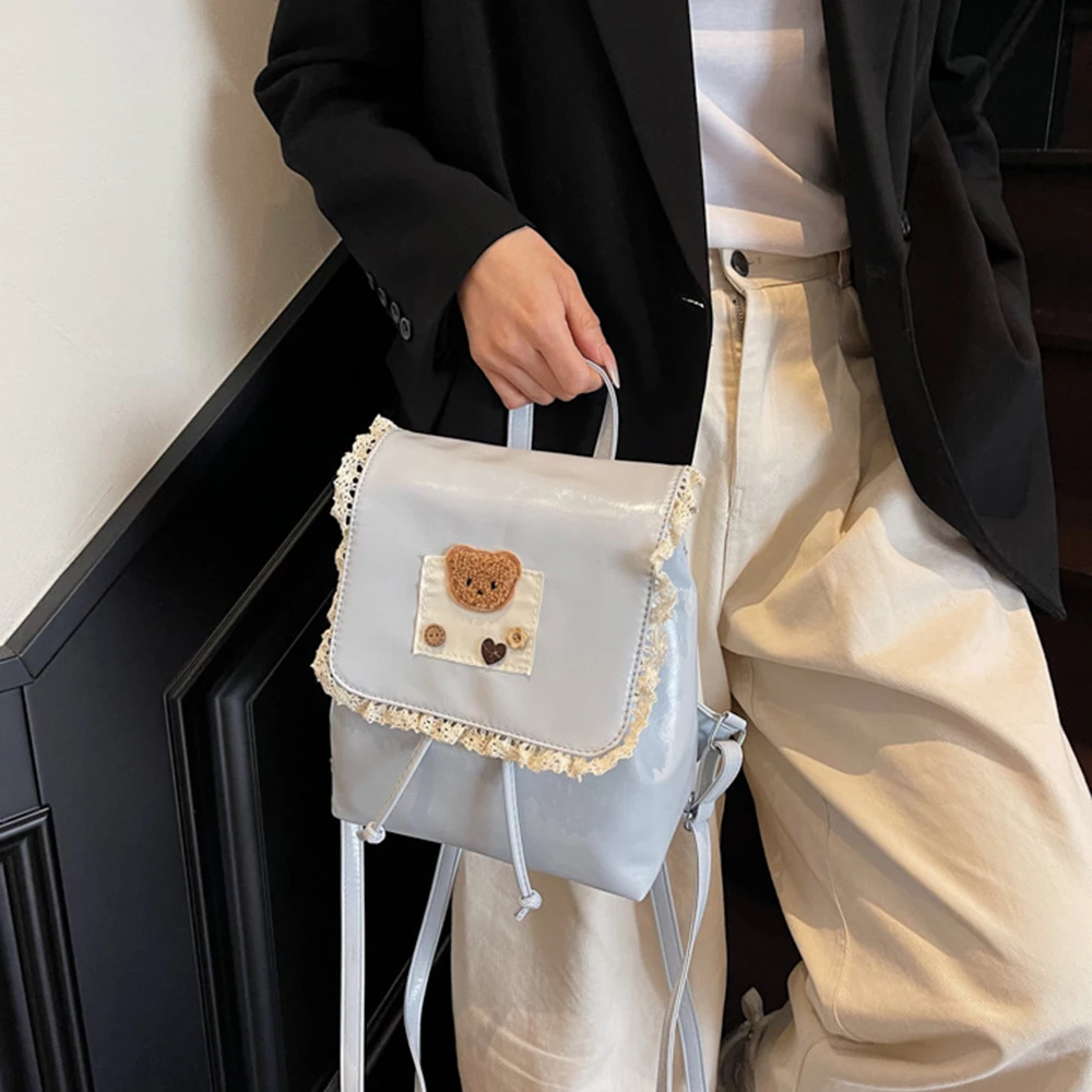 Cute Ruffled Lace Fashion Backpack Ballet Style Top Handle Drawstring Backpack Casual PU Leather Cute Bear Knapsack Travel
