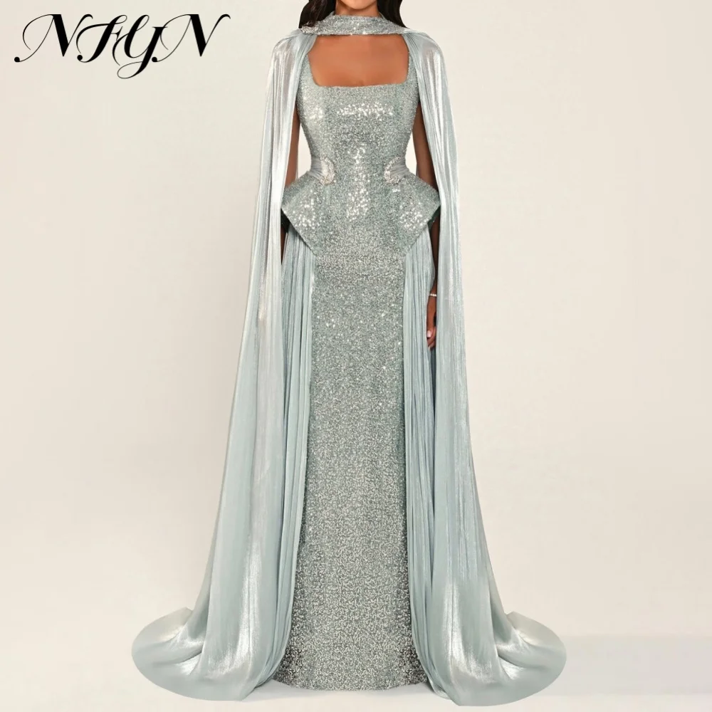 NFYN Premium Light Blue High Neck Evening Dress Sequin Prom Gown Peplum Cape Slim Mermaid Long Evening Party Dresses Customized