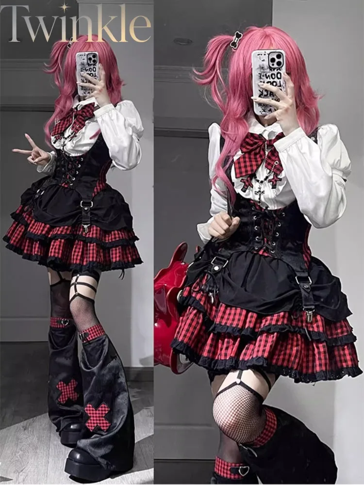 Kawaii Lolita Dress Women American Preppy Y2K Rock Girl Idol Outfit Sweet Edgy Anime Fashion