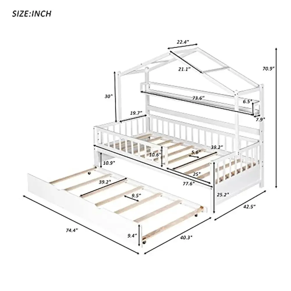 Wooden Twin Size House Bed with Trundle and Roof Platform Frame Guardrail White Shelf Storage