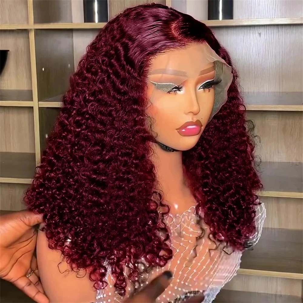 

180 Density 99J Burgundy Curly Human Hair Transparent Lace Frontal Wig 13x4 Short Deep Wave Bob Wigs Human Hair Pre Plucked Remy