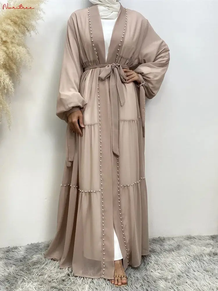 Ramadan Fashion Pearl Beading kimono Abaya Muslim Dress female big swing Chiffon Islamic Kaftan Robe Musulman Abaya wy1890