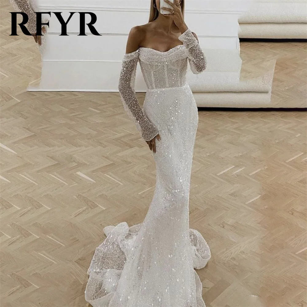 

RFYR Off the Shoulder White Formal Dresses Mermaid Sexy Party Dress For Wedding Long Sleeves Special Occasion Dress robe soirée